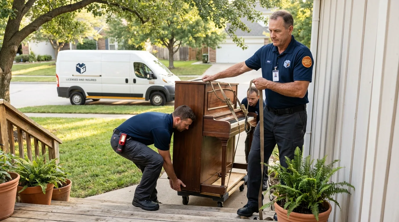 Licensed piano movers securing grand piano in Auburn, GA