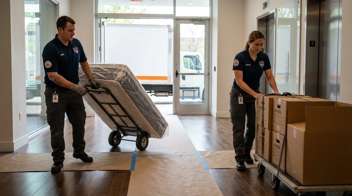 Professional apartment movers loading elevator in Auburn, GA